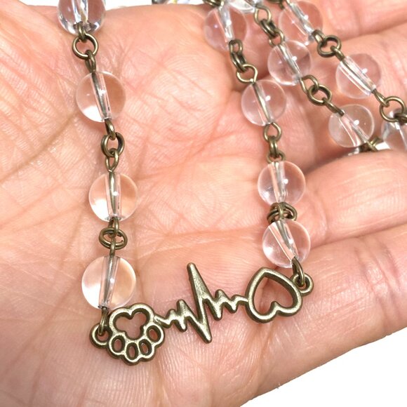 Genuine Clear Quartz Short Necklace,Bronze Paw Print Heart Beat Natural Gemstone - Picture 16 of 16